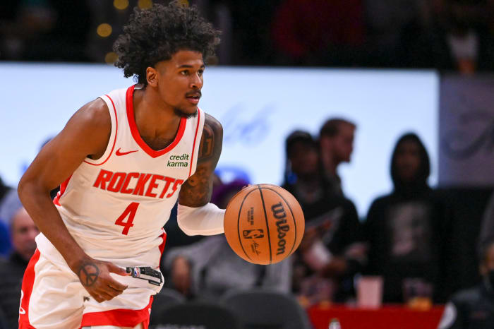 Rockets guard Jalen Green (4) dribbles up the court during the second half against the Washington Wizards at Capital One Arena.